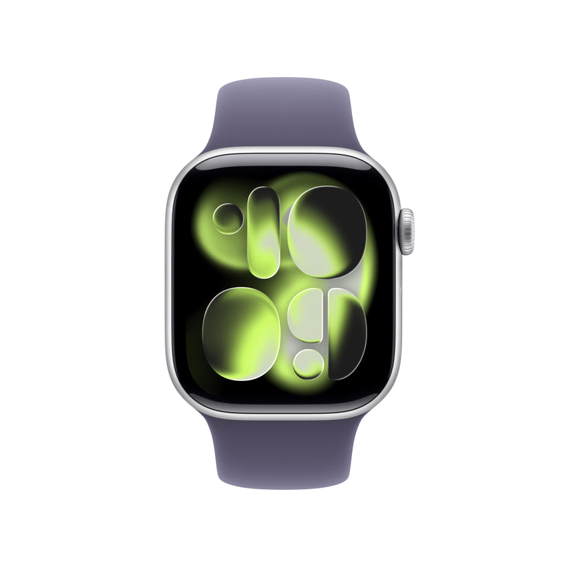 Apple Watch Series 11 42mm in Silver Aluminium with Purple Fog Sport Band front display view