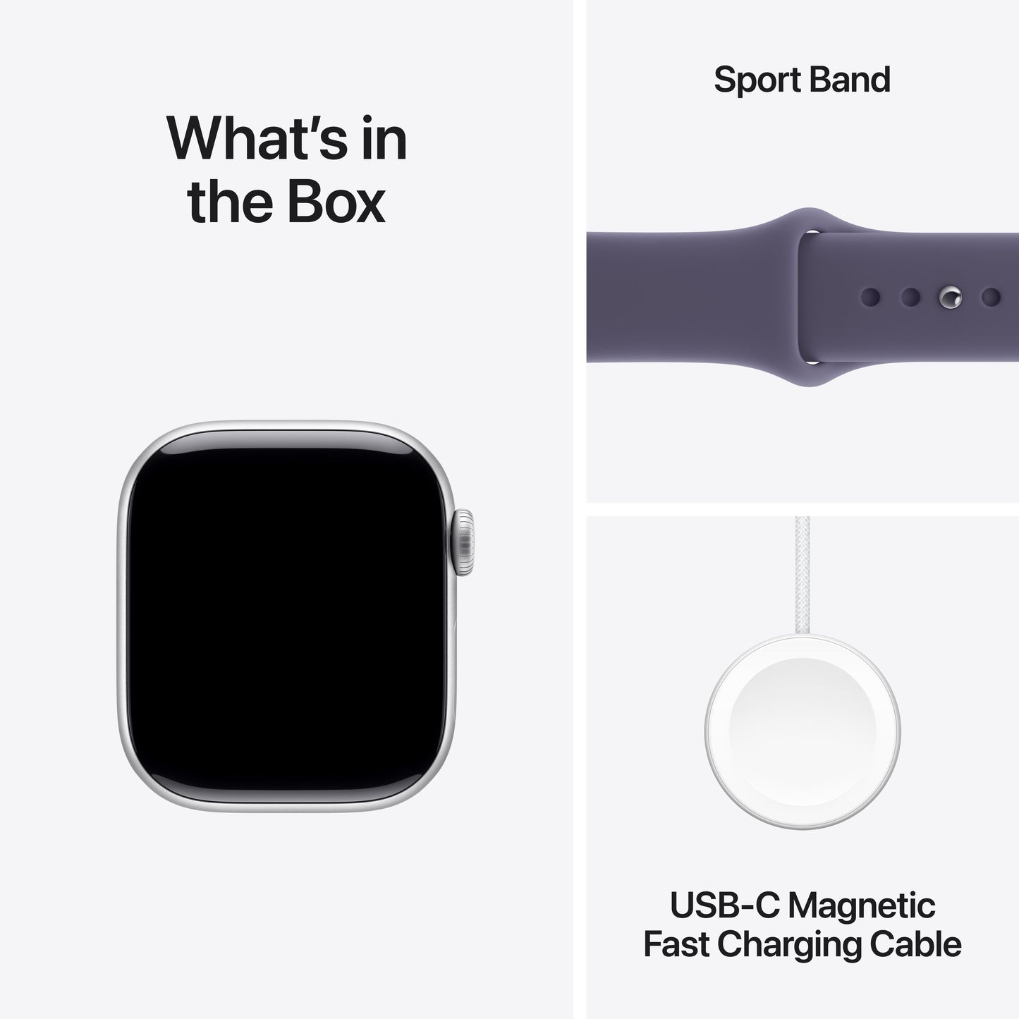 Apple Watch Series 11 with Purple Fog Sport Band and USB-C Magnetic Fast Charging Cable included in the box