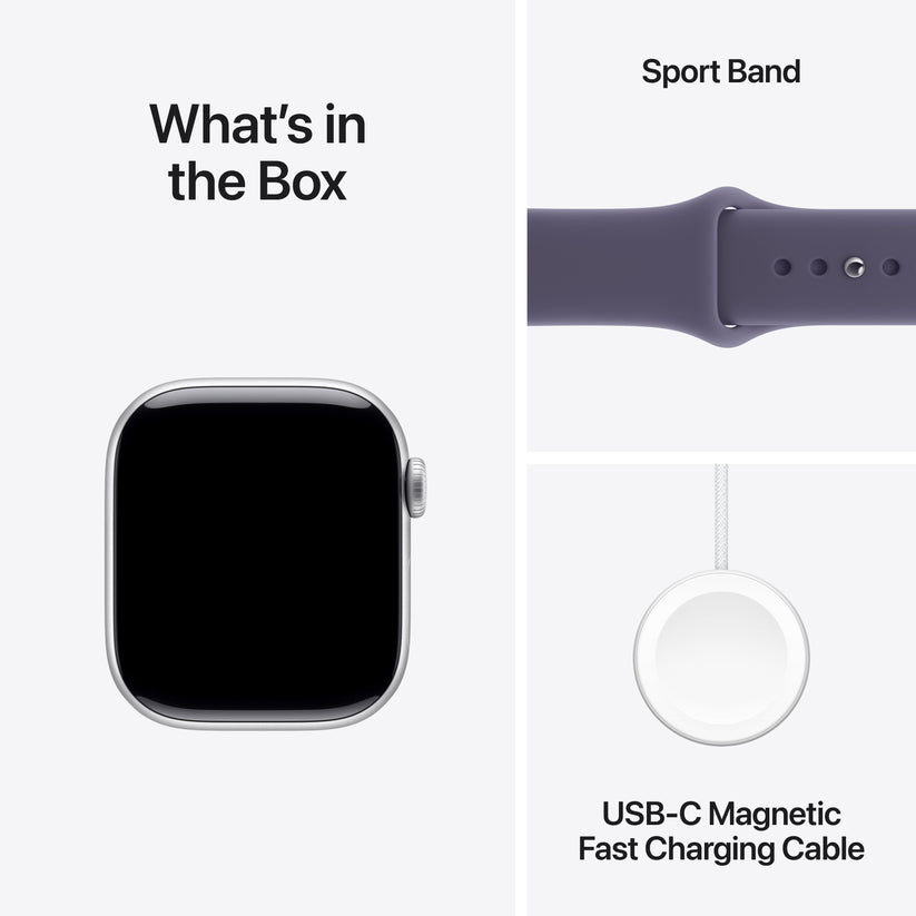 Apple Watch Series 11 with Purple Fog Sport Band and USB-C Magnetic Fast Charging Cable included in the box