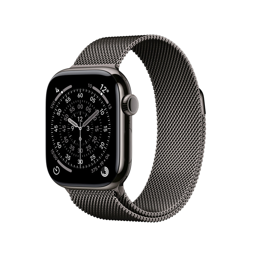 Apple Watch Series 11 GPS + Cellular 42mm Slate Titanium case with Slate Milanese Loop front angled view