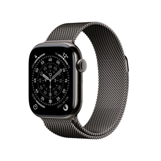 Apple Watch Series 11 GPS + Cellular 42mm Slate Titanium case with Slate Milanese Loop front angled view