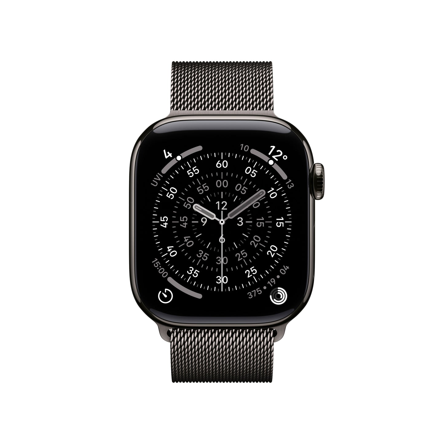 Apple Watch Series 11 42mm in Slate Titanium with Slate Milanese Loop front display view