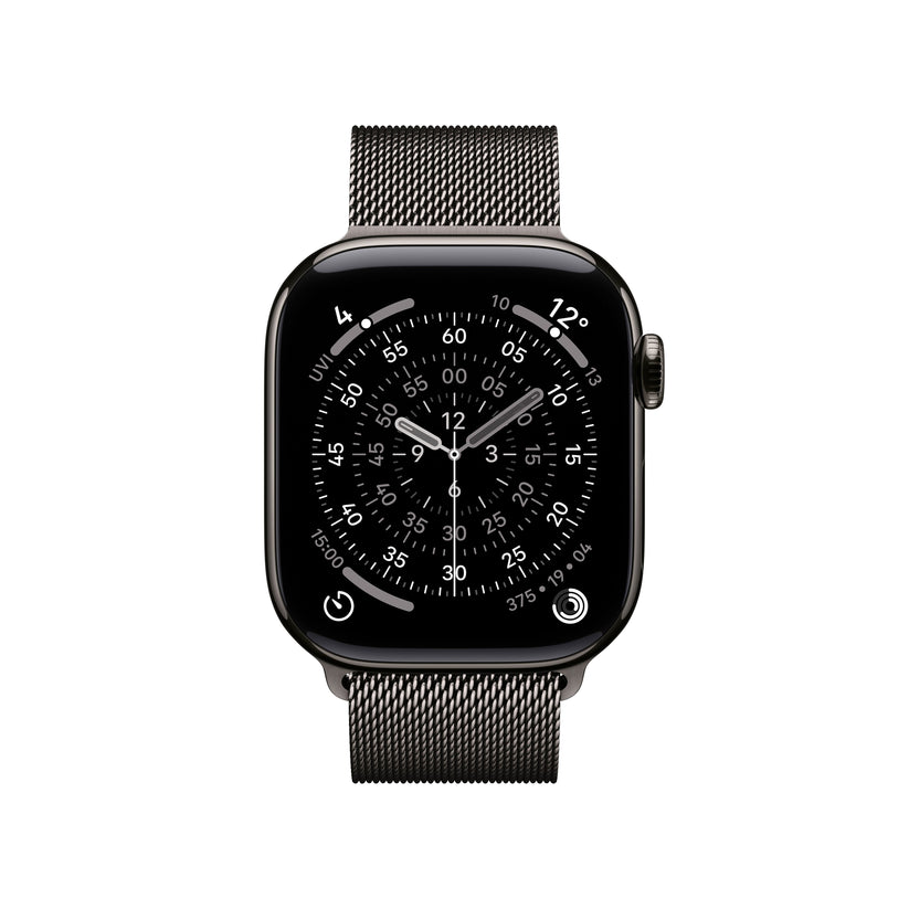 Apple Watch Series 11 42mm in Slate Titanium with Slate Milanese Loop front display view
