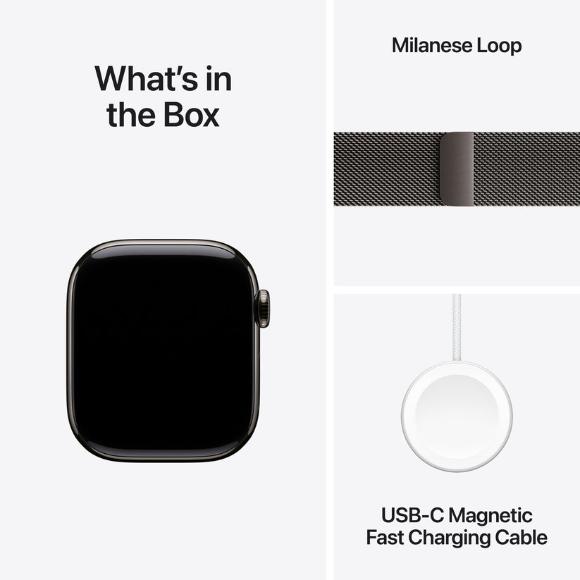 Apple Watch Series 11 with Slate Milanese Loop and USB-C Magnetic Fast Charging Cable included in the box