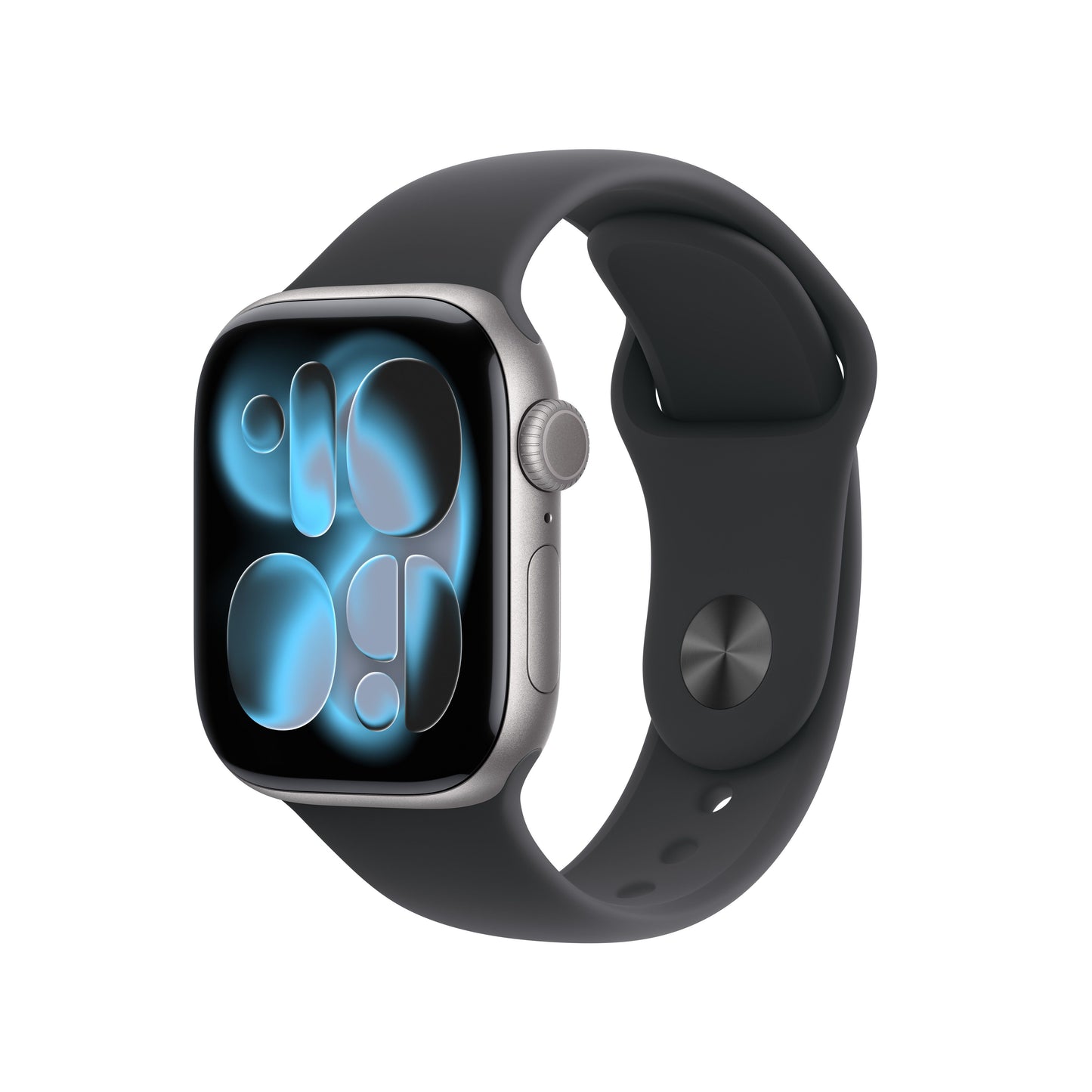 Apple Watch Series 11 GPS + Cellular 42mm Space Grey Aluminium case with Black Sport Band S/M front angled view