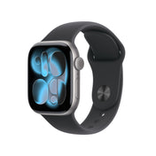 Apple Watch Series 11 GPS + Cellular 42mm Space Grey Aluminium case with Black Sport Band S/M front angled view