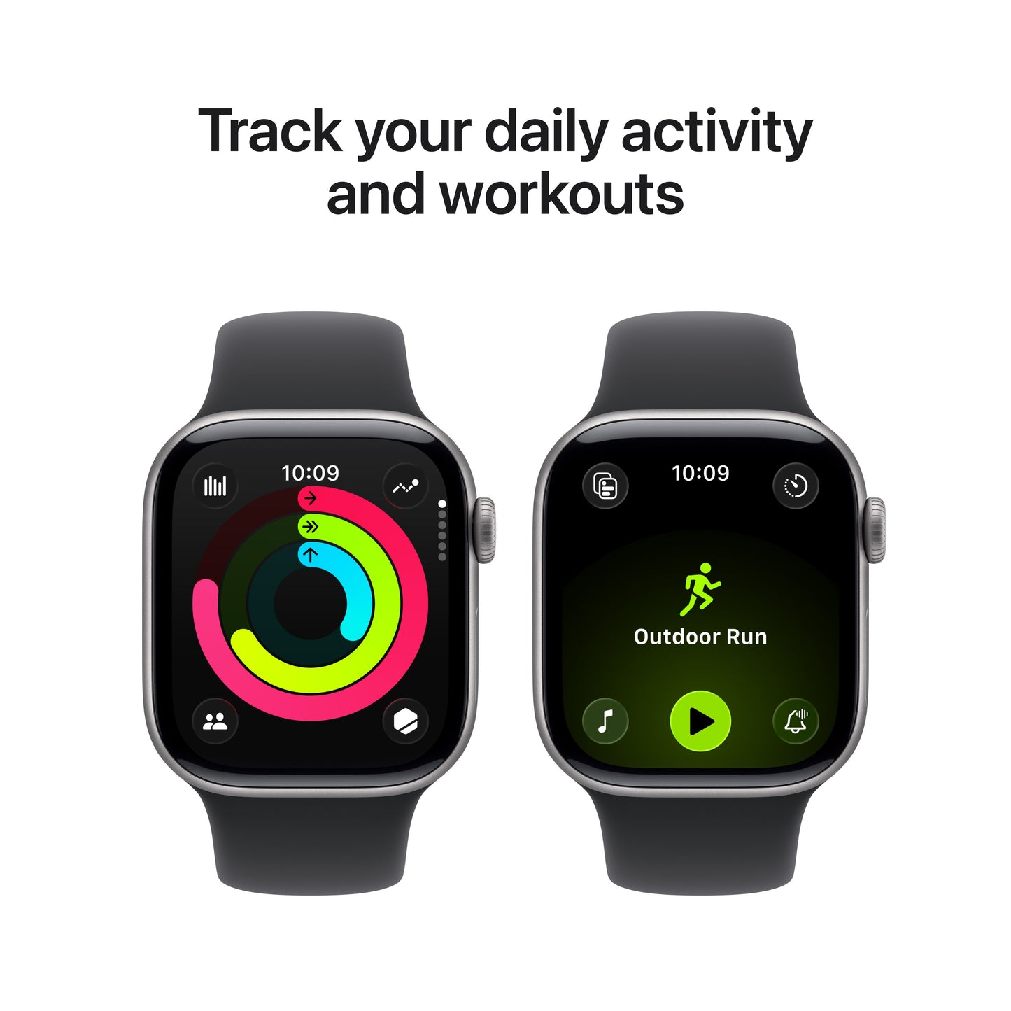 Apple Watch Series 11 showcasing daily activity tracking with Activity Rings and Outdoor Run workout mode
