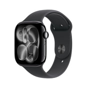 Apple Watch Series 11 GPS 46mm Jet Black Aluminium case with Black Sport Band M/L front angled view