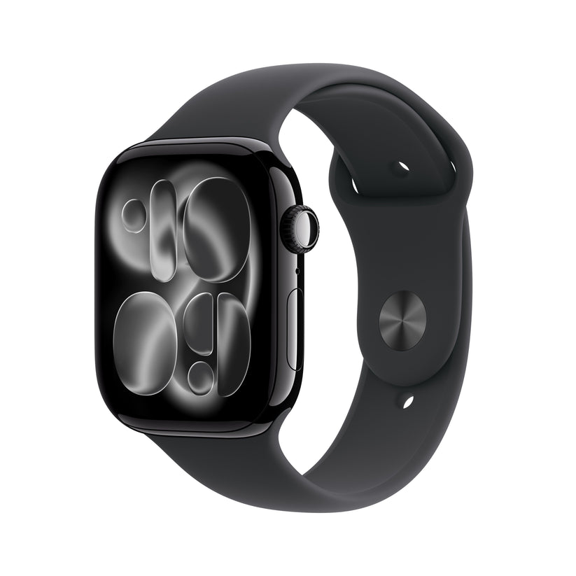 Apple Watch Series 11 GPS 46mm Jet Black Aluminium case with Black Sport Band M/L front angled view