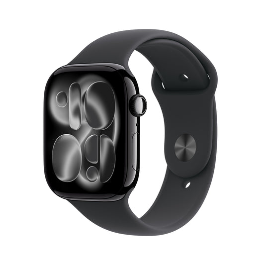 Apple Watch Series 11 GPS 46mm Jet Black Aluminium case with Black Sport Band M/L front angled view