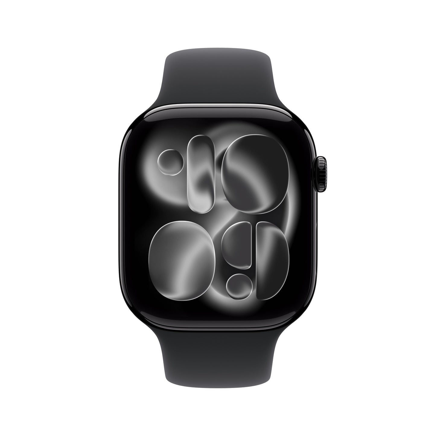 Apple Watch Series 11 46mm in Jet Black Aluminium with Black Sport Band front display view