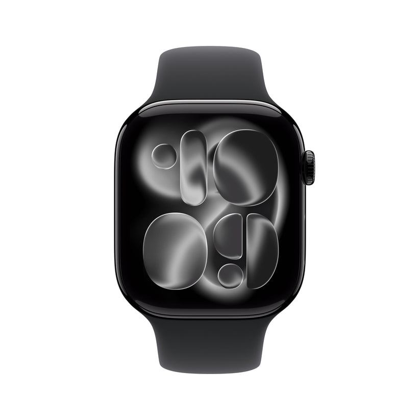 Apple Watch Series 11 46mm in Jet Black Aluminium with Black Sport Band front display view