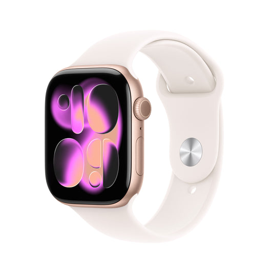 Apple Watch Series 11 GPS 46mm Rose Gold Aluminium case with Light Blush Sport Band M/L front angled view