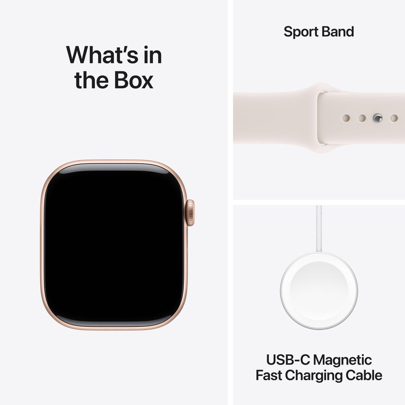 Apple Watch Series 11 with Light Blush Sport Band and USB-C Magnetic Fast Charging Cable included in the box