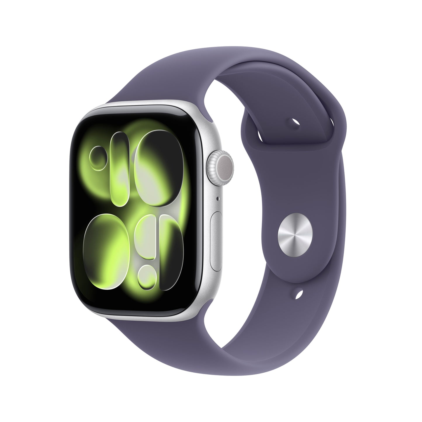 Apple Watch Series 11 GPS 46mm Silver Aluminium Case with Purple Fog Sport Band M/L front angled view