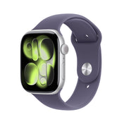 Apple Watch Series 11 GPS 46mm Silver Aluminium Case with Purple Fog Sport Band M/L front angled view