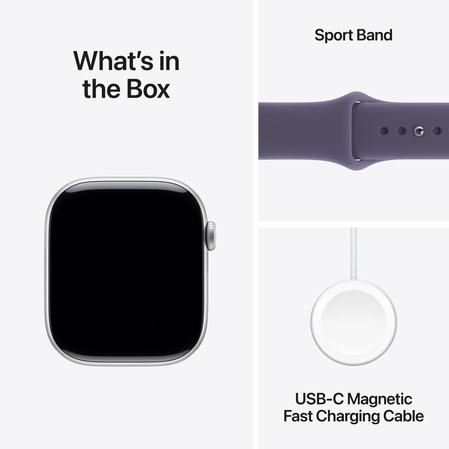 Apple Watch Series 11 with Purple Fog Sport Band and USB-C Magnetic Fast Charging Cable included in the box
