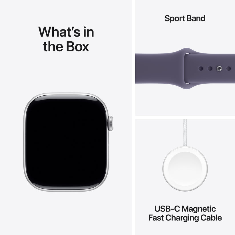 Apple Watch Series 11 with Purple Fog Sport Band and USB-C Magnetic Fast Charging Cable included in the box