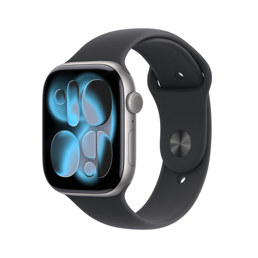 Apple Watch Series 11 GPS 46mm Space Grey Aluminium case with Black Sport Band M/L front angled view