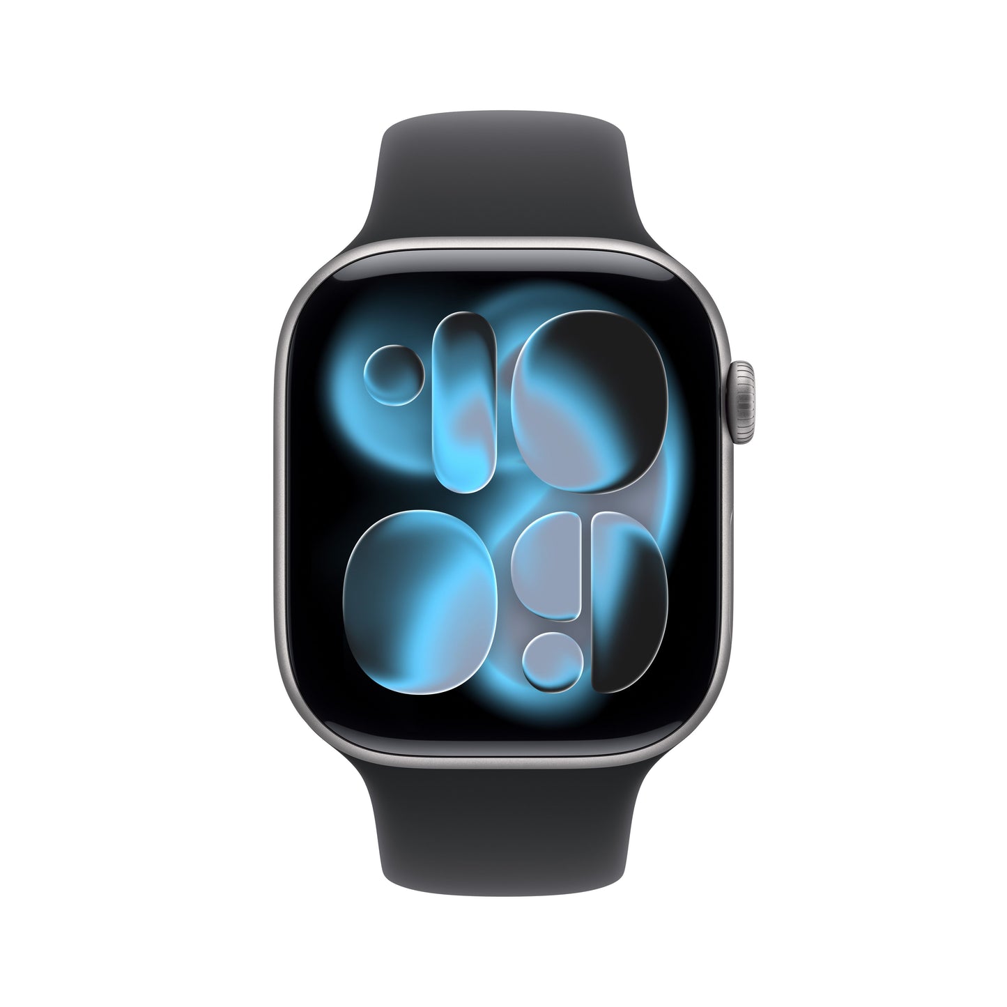 Apple Watch Series 11 46mm in Space Grey Aluminium with Black Sport Band front display view