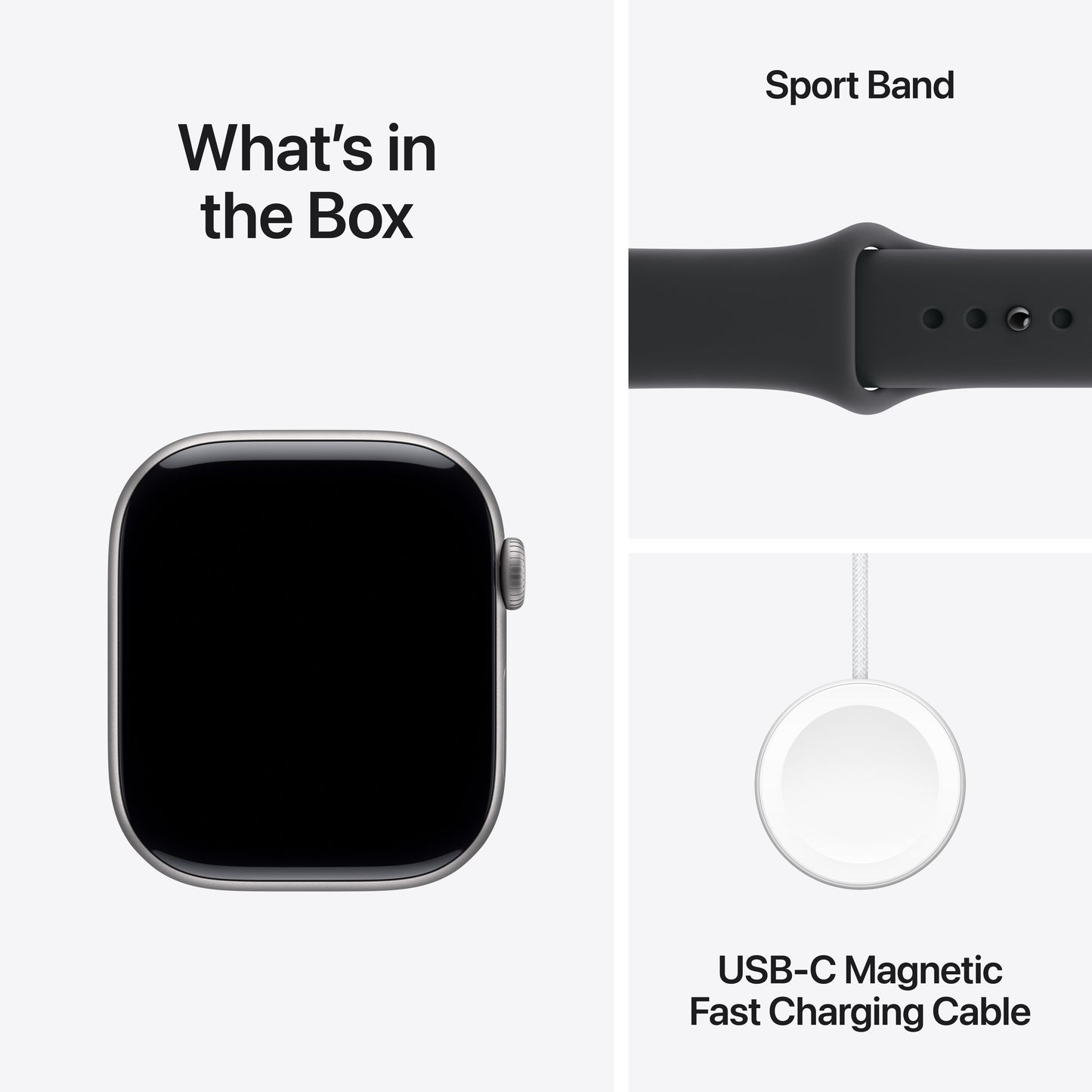 Apple Watch Series 11 with Black Sport Band and USB-C Magnetic Fast Charging Cable included in the box