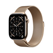 Apple Watch Series 11 GPS + Cellular 46mm Gold Titanium case with Gold Milanese Loop M/L front angled view