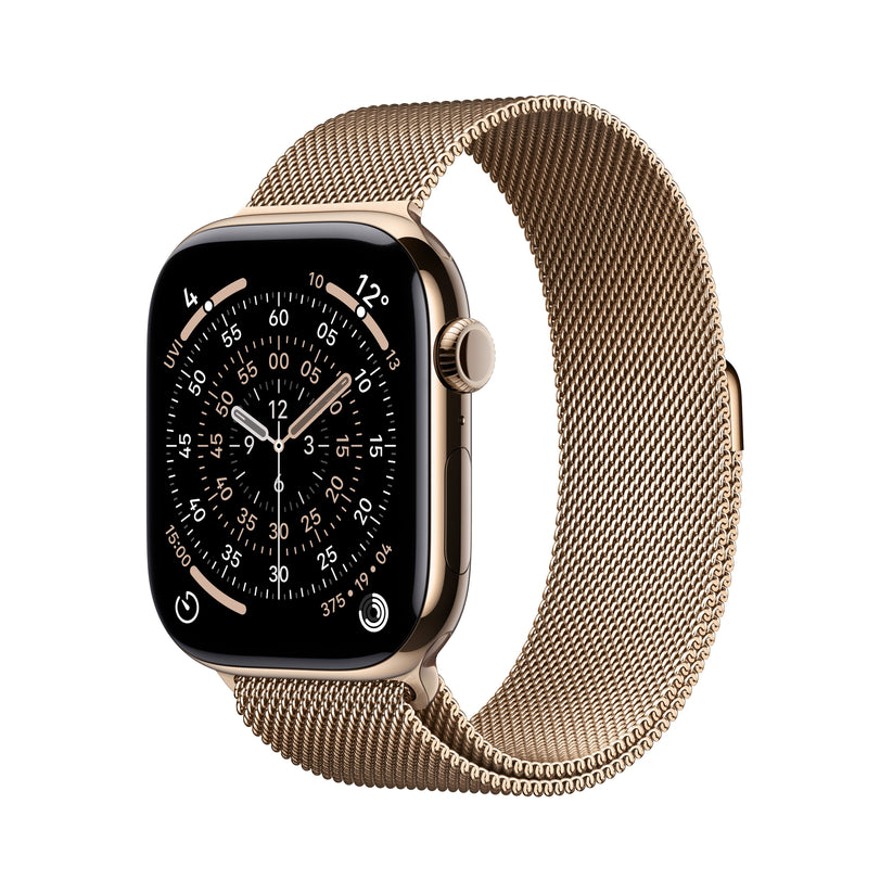 Apple Watch Series 11 GPS + Cellular 46mm Gold Titanium case with Gold Milanese Loop M/L front angled view