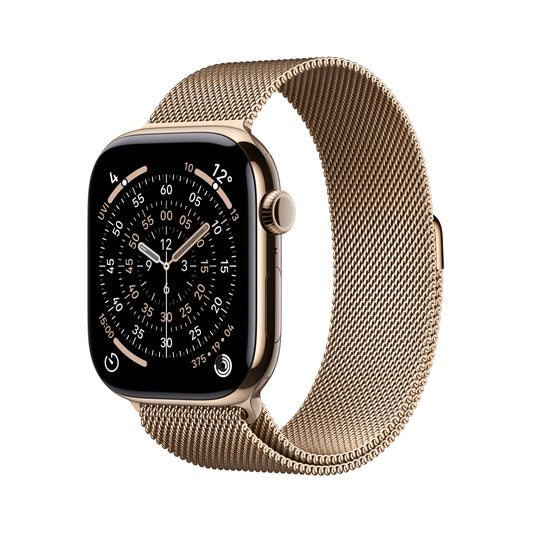 Apple Watch Series 11 GPS + Cellular 46mm Gold Titanium case with Gold Milanese Loop M/L front angled view