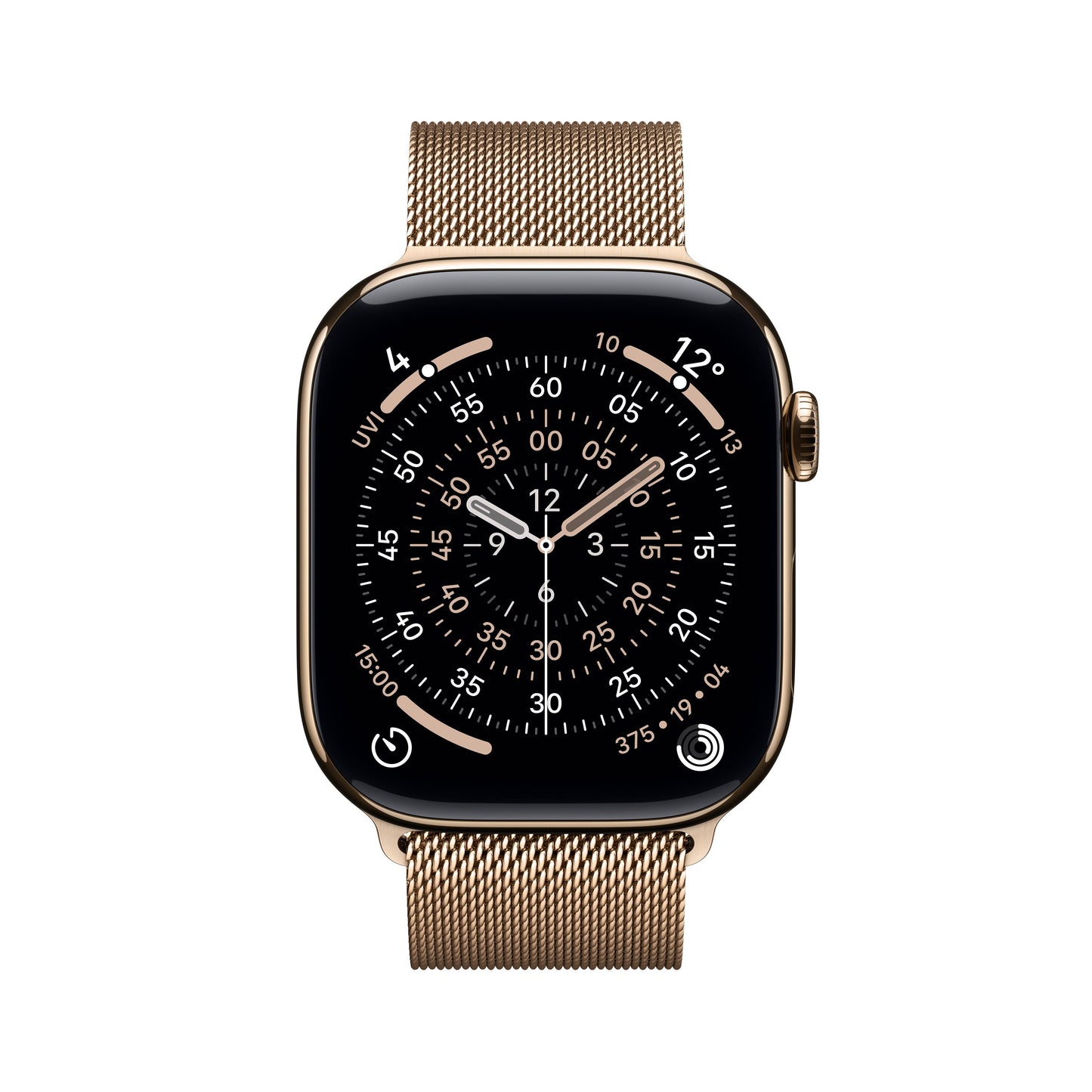 Apple Watch Series 11 46mm in Gold Titanium with Gold Milanese Loop front display view