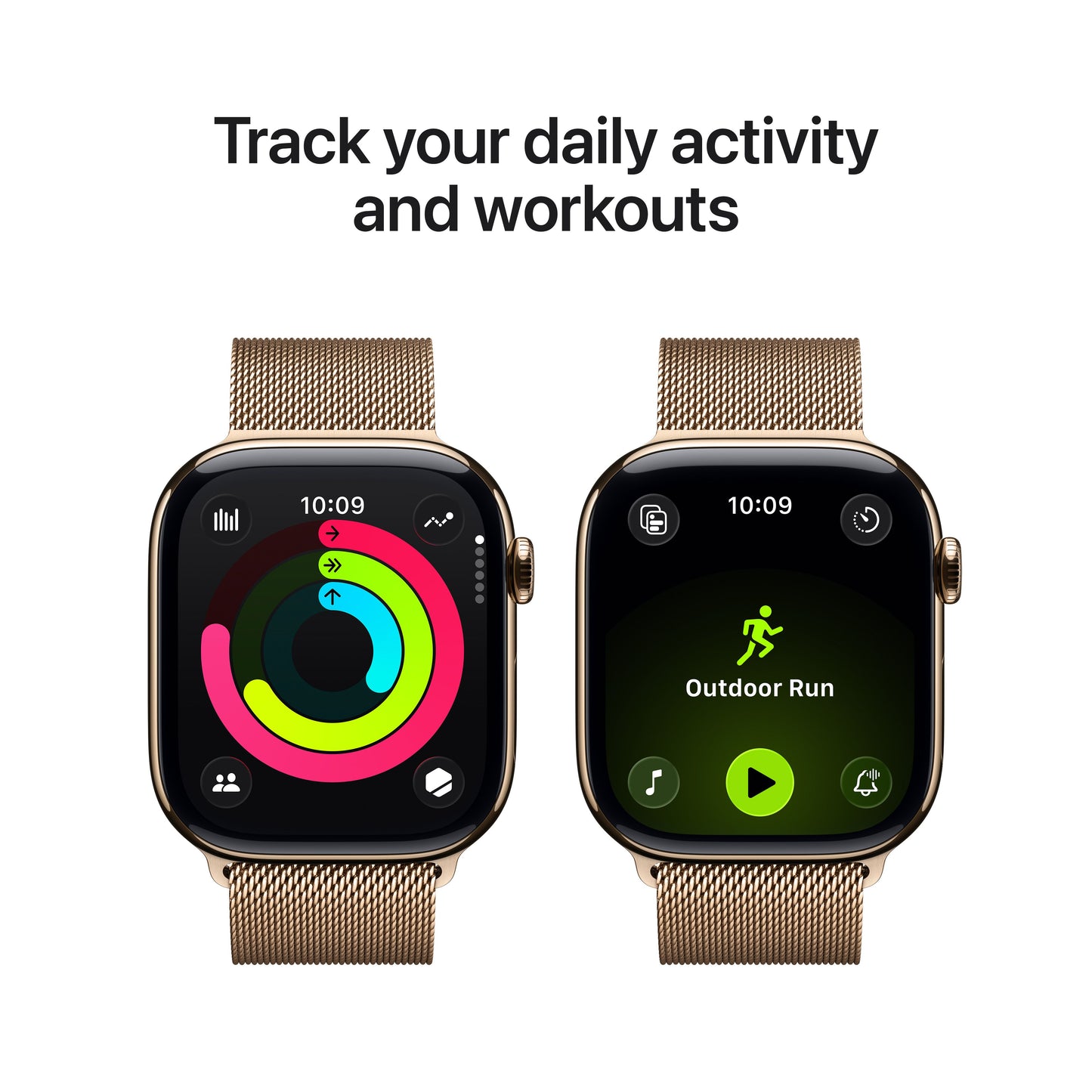 Apple Watch Series 11 showcasing daily activity tracking with Activity Rings and Outdoor Run workout mode