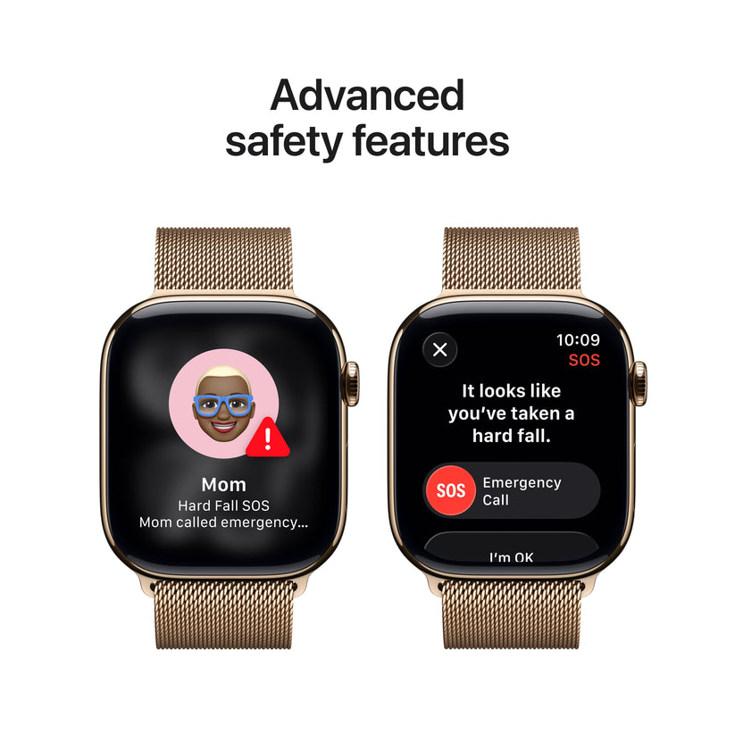 Apple Watch Series 11 showcasing advanced safety features including Fall Detection and Emergency SOS