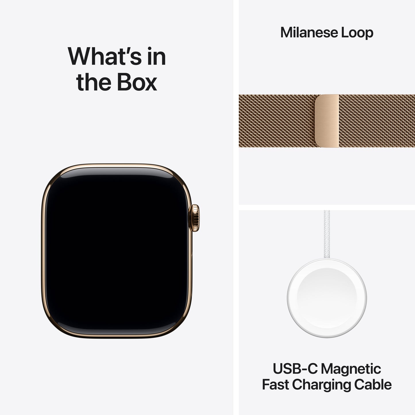 Apple Watch Series 11 with Gold Milanese Loop and USB-C Magnetic Fast Charging Cable included in the box