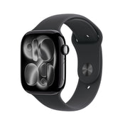 Apple Watch Series 11 GPS + Cellular 46mm Jet Black Aluminium case with Black Sport Band M/L front angled view