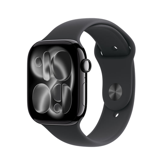 Apple Watch Series 11 GPS + Cellular 46mm Jet Black Aluminium case with Black Sport Band M/L front angled view