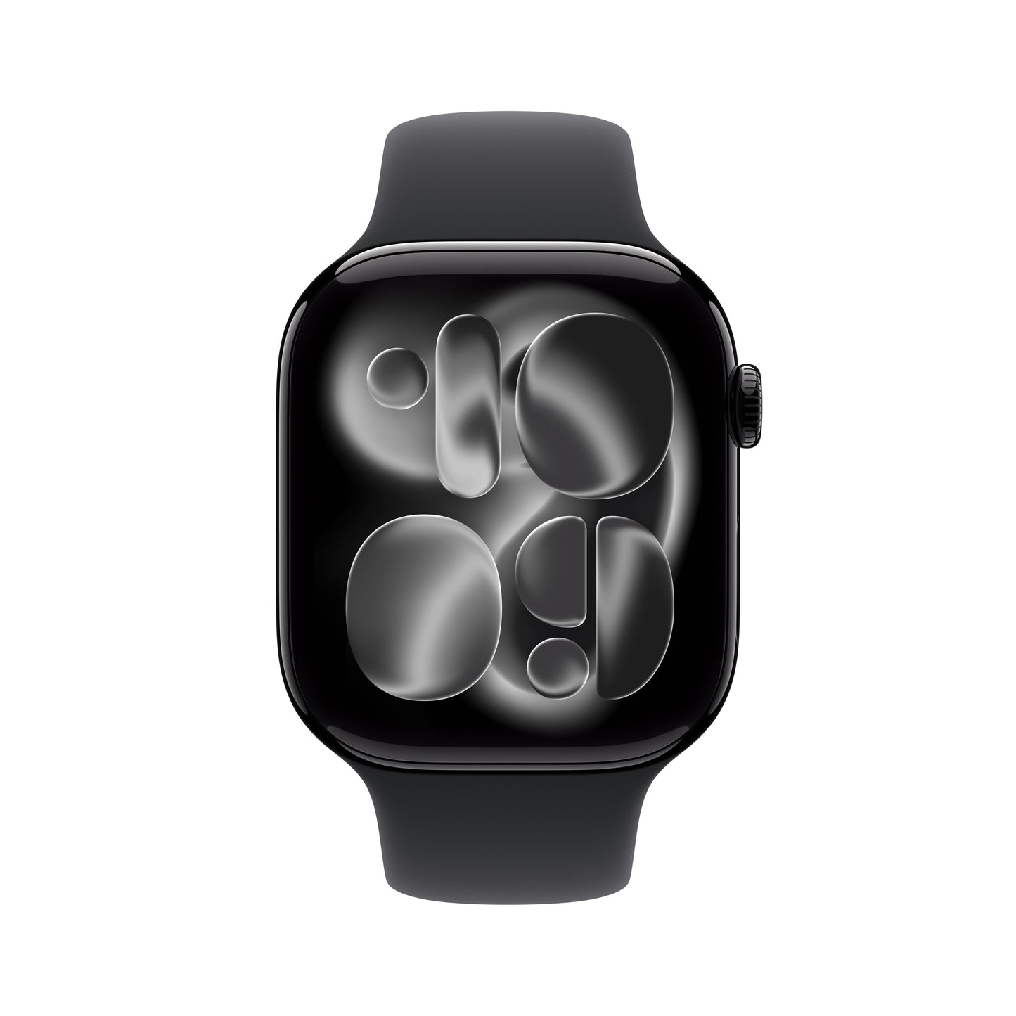 Apple Watch Series 11 46mm in Jet Black Aluminium with Black Sport Band front display view
