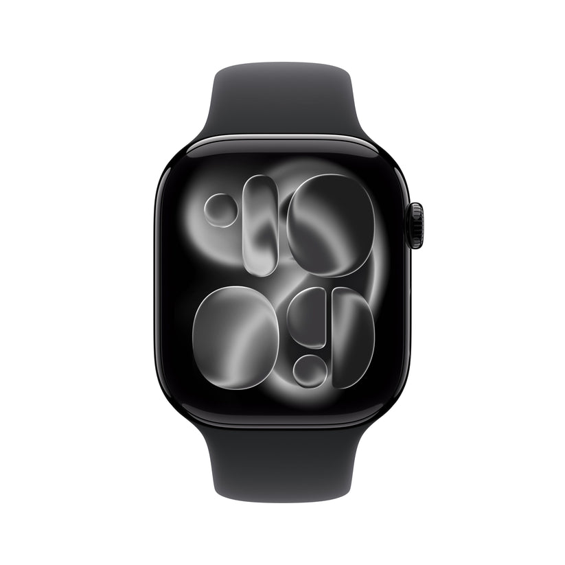 Apple Watch Series 11 46mm in Jet Black Aluminium with Black Sport Band front display view
