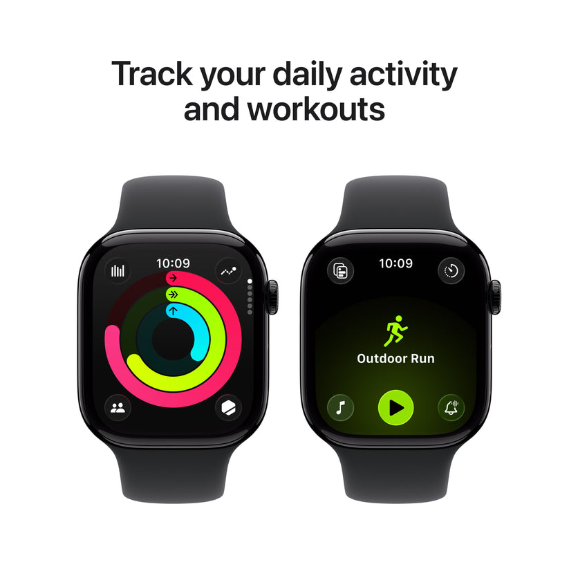 Apple Watch Series 11 showcasing daily activity tracking with Activity Rings and Outdoor Run workout mode
