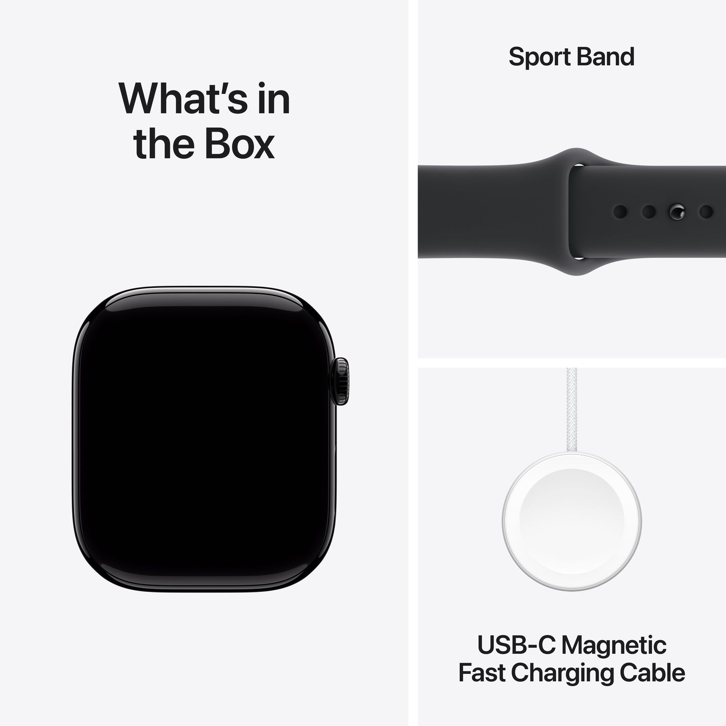 Apple Watch Series 11 with Black Sport Band and USB-C Magnetic Fast Charging Cable included in the box