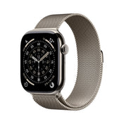 Apple Watch Series 11 GPS + Cellular 46mm Natural Titanium case with Natural Milanese Loop M/L front angled view