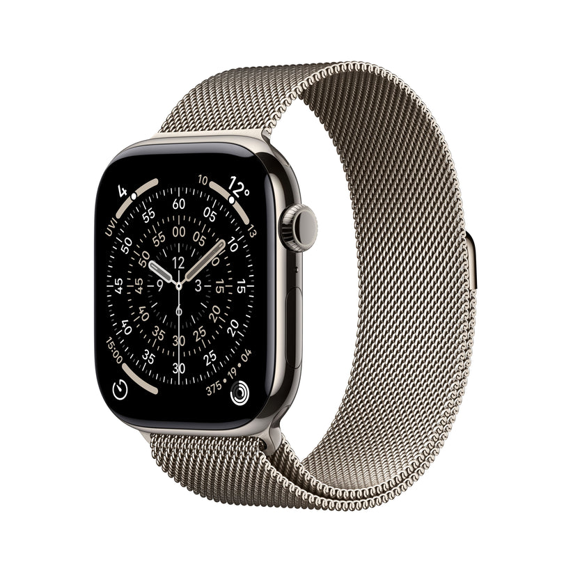 Apple Watch Series 11 GPS + Cellular 46mm Natural Titanium case with Natural Milanese Loop M/L front angled view