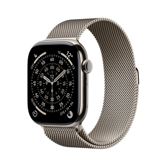 Apple Watch Series 11 GPS + Cellular 46mm Natural Titanium case with Natural Milanese Loop M/L front angled view