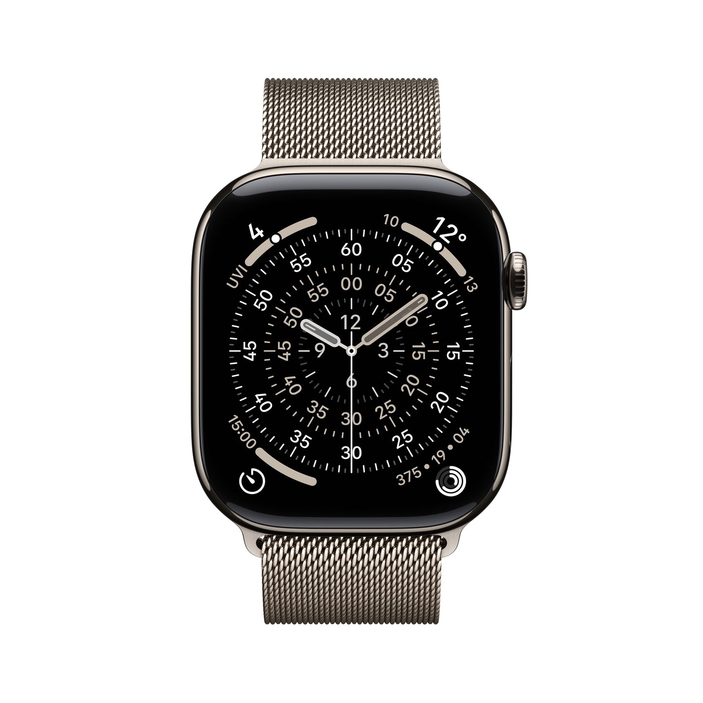 Apple Watch Series 11 46mm in Natural Titanium with Natural Milanese Loop front display view