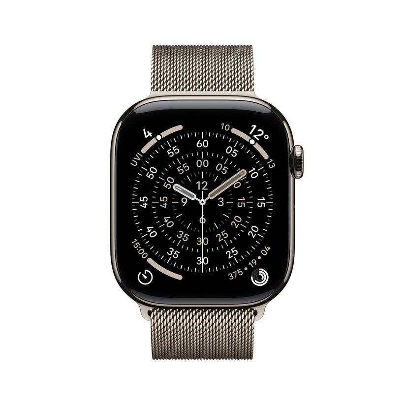 Apple Watch Series 11 46mm in Natural Titanium with Natural Milanese Loop front display view