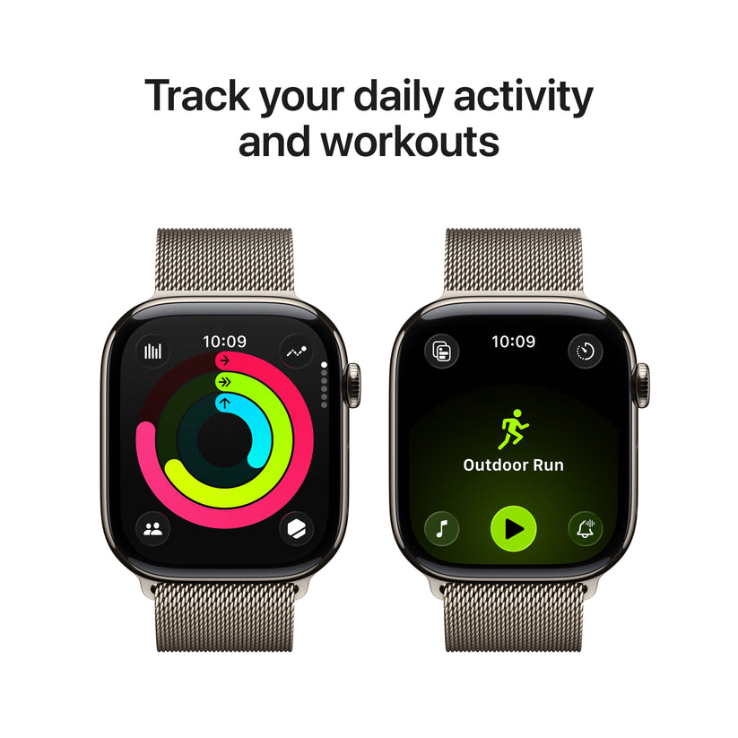 Apple Watch Series 11 showcasing daily activity tracking with Activity Rings and Outdoor Run workout mode