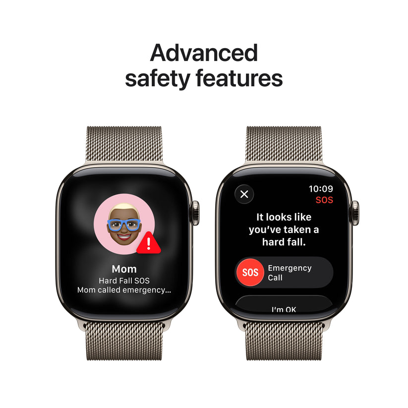 Apple Watch Series 11 showcasing advanced safety features including Fall Detection and Emergency SOS