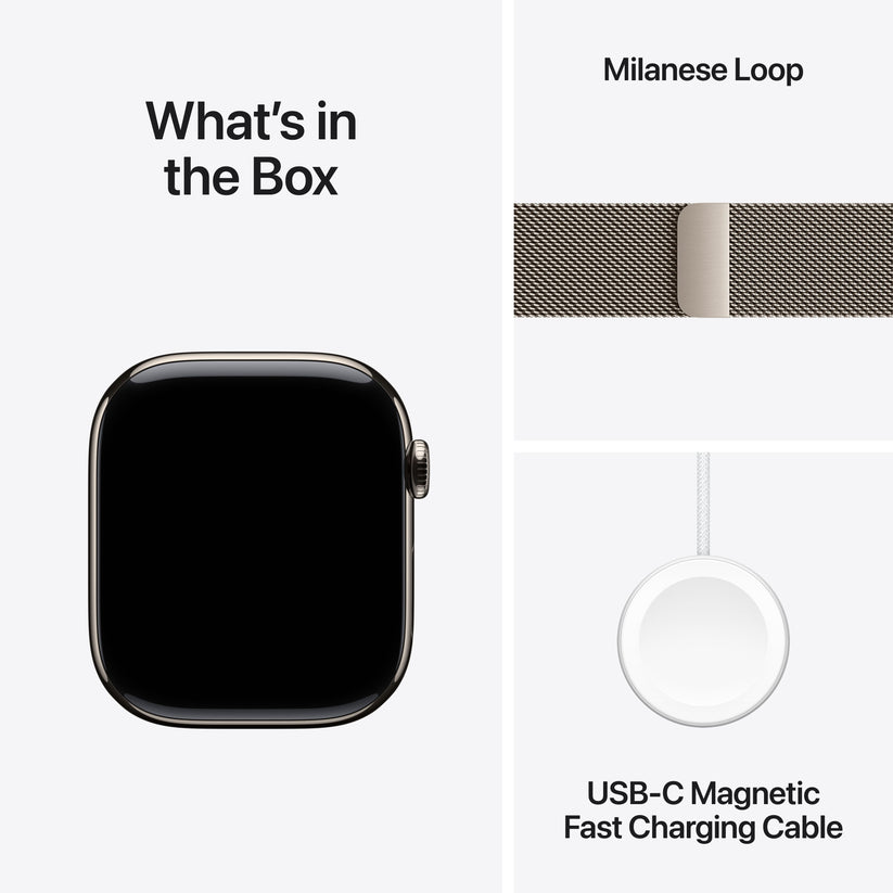 Apple Watch Series 11 with Natural Milanese Loop and USB-C Magnetic Fast Charging Cable included in the box
