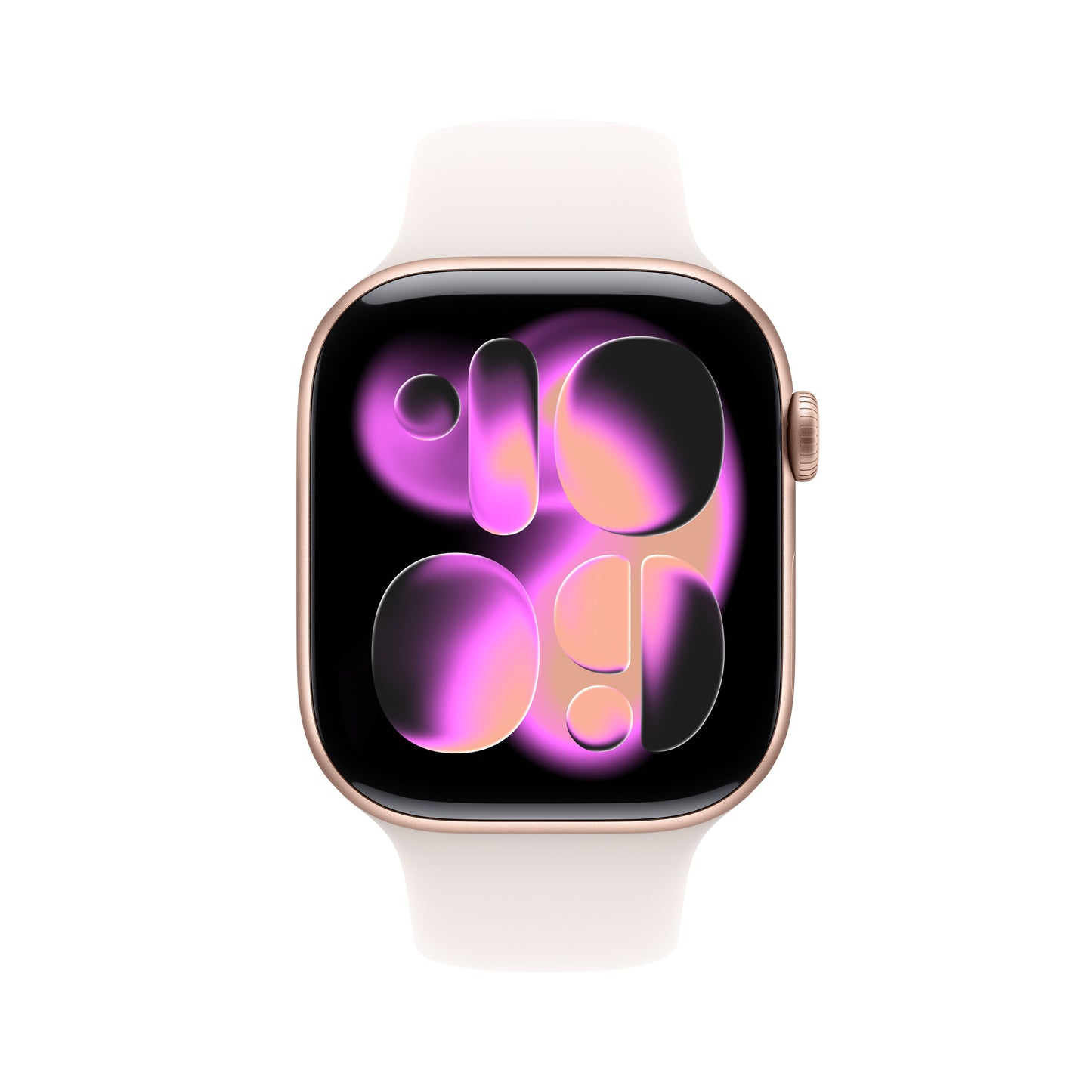 Apple Watch Series 11 46mm in Rose Gold Aluminium with Light Blush Sport Band front display view