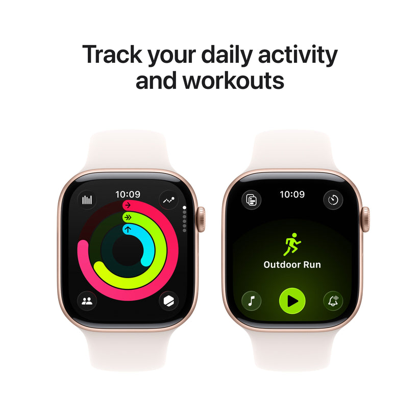 Apple Watch Series 11 showcasing daily activity tracking with Activity Rings and Outdoor Run workout mode