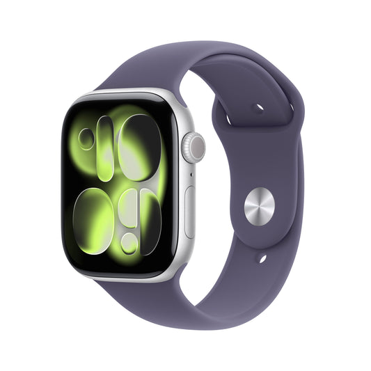 Apple Watch Series 11 GPS + Cellular 46mm Silver Aluminium case with Purple Fog Sport Band M/L front angled view