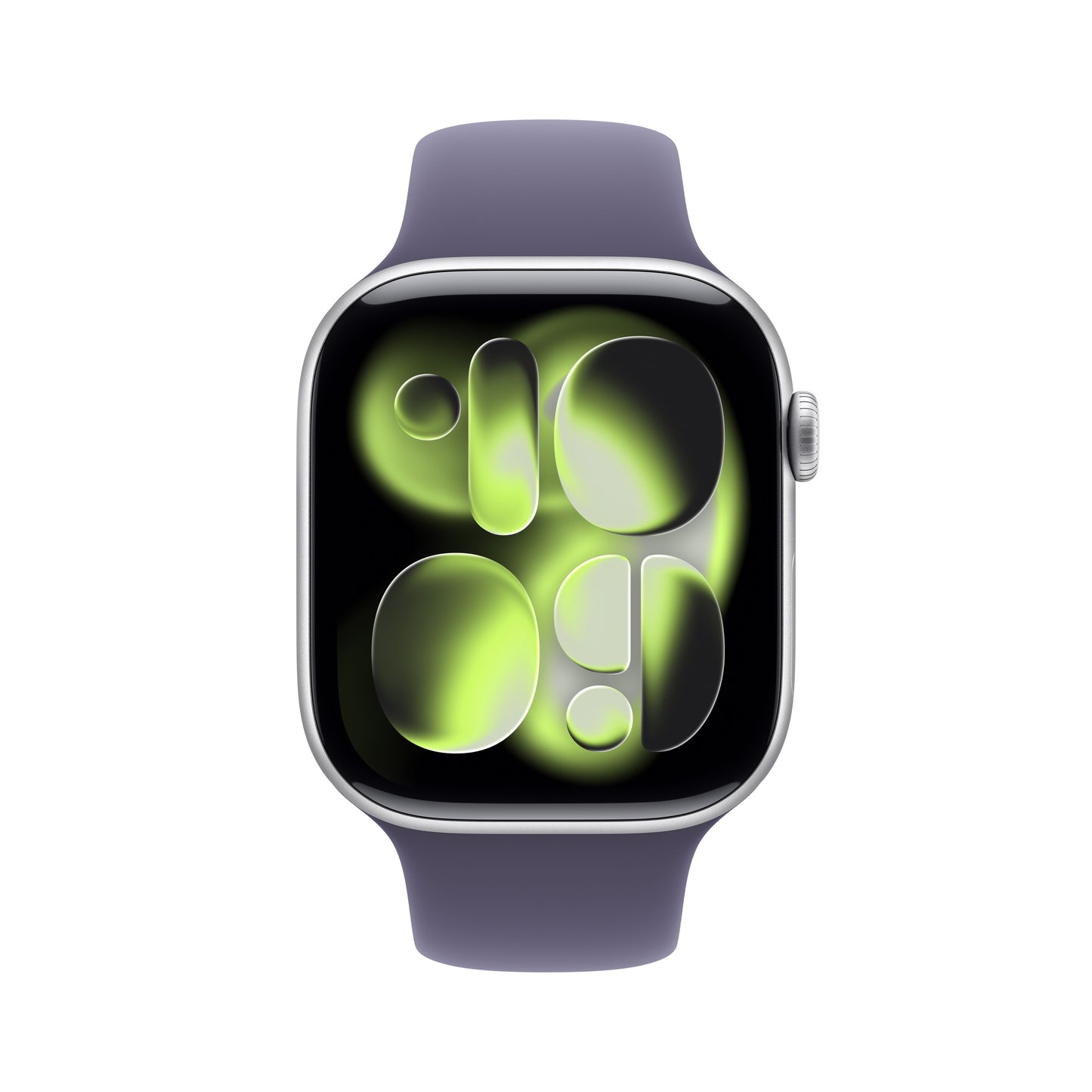 Apple Watch Series 11 46mm in Silver Aluminium with Purple Fog Sport Band front display view